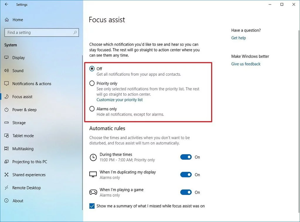 Windows 10 Odak Modu